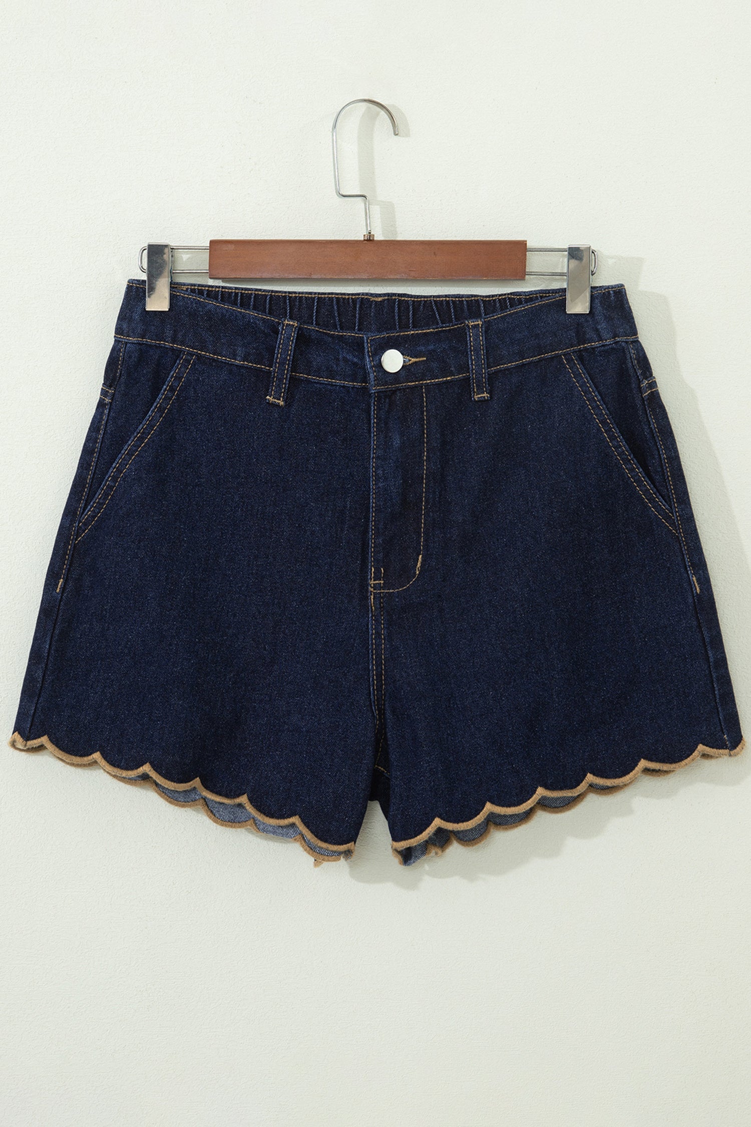 Navy Blue Relaxed Denim Shorts With Embroidered & Scalloped Trim