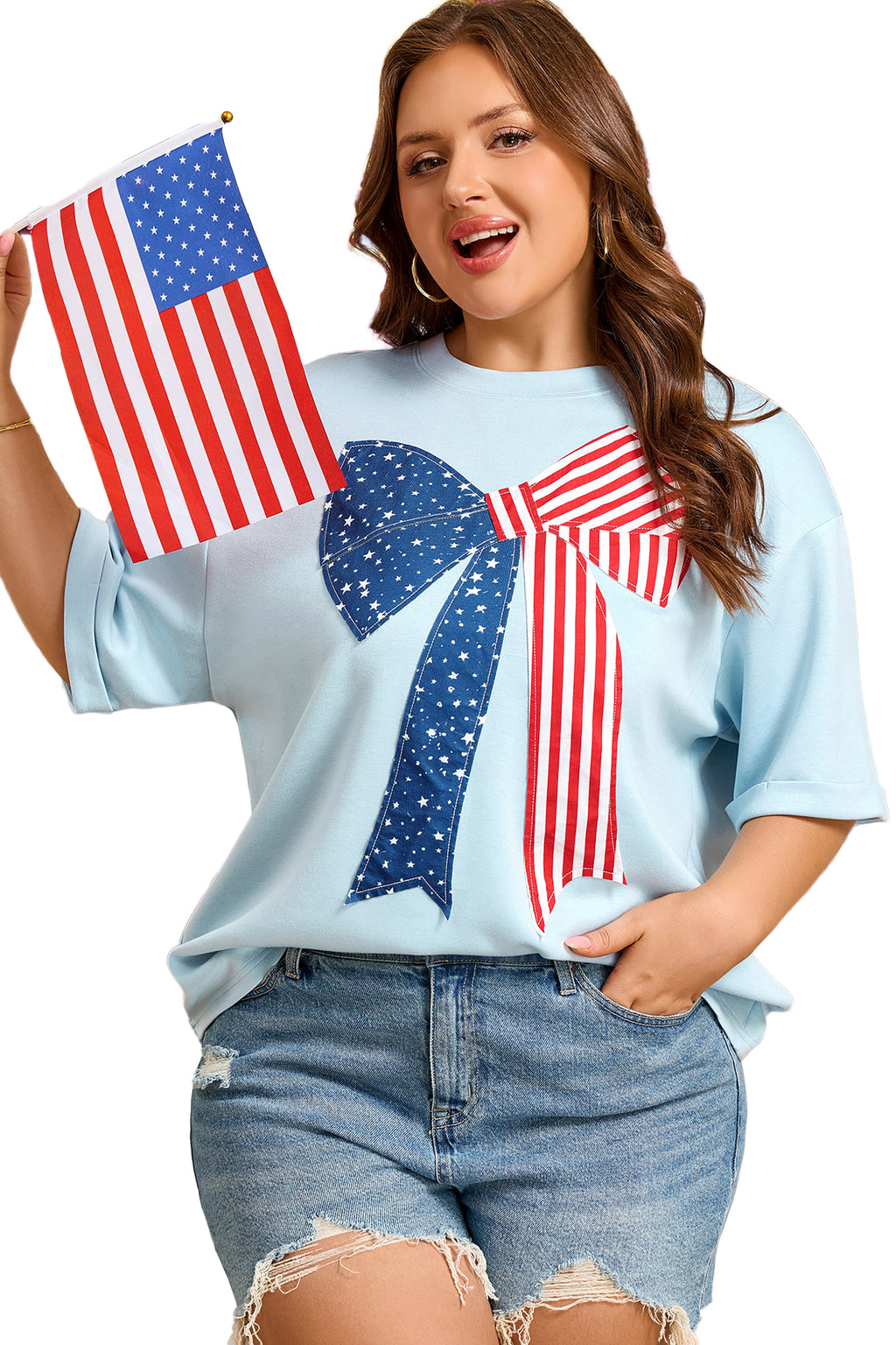 Plus Size Blue Patriotic Patchwork Bow Graphic Tee