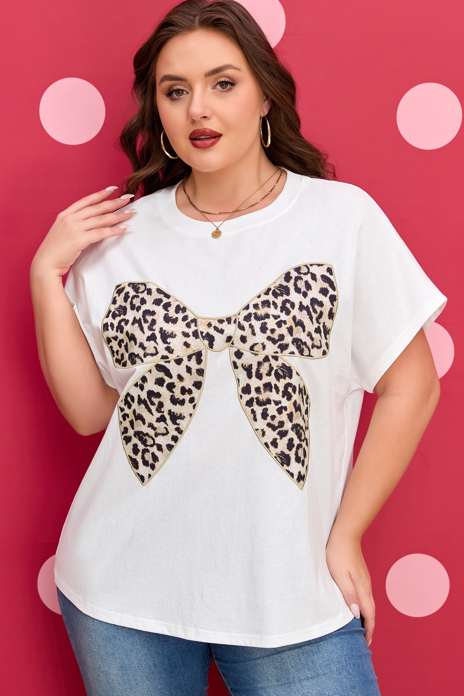 Plus Size White With Embroidered Patch Leopard Bow Tee