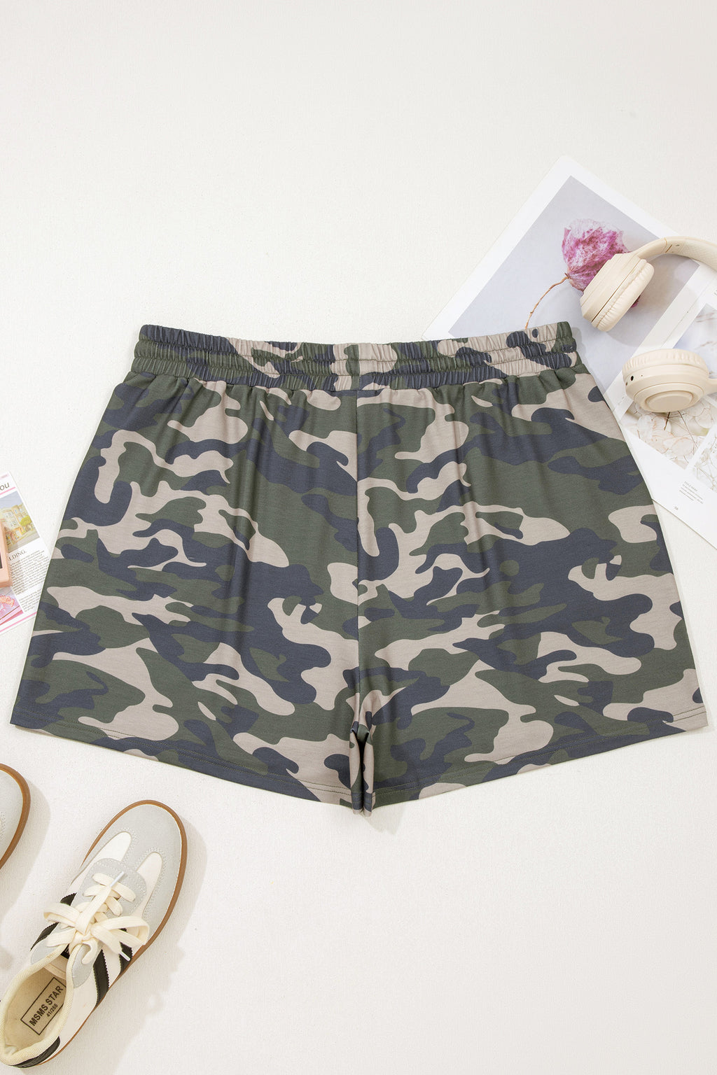 Plus Size Green Tie Waist Pocketed Camo Shorts