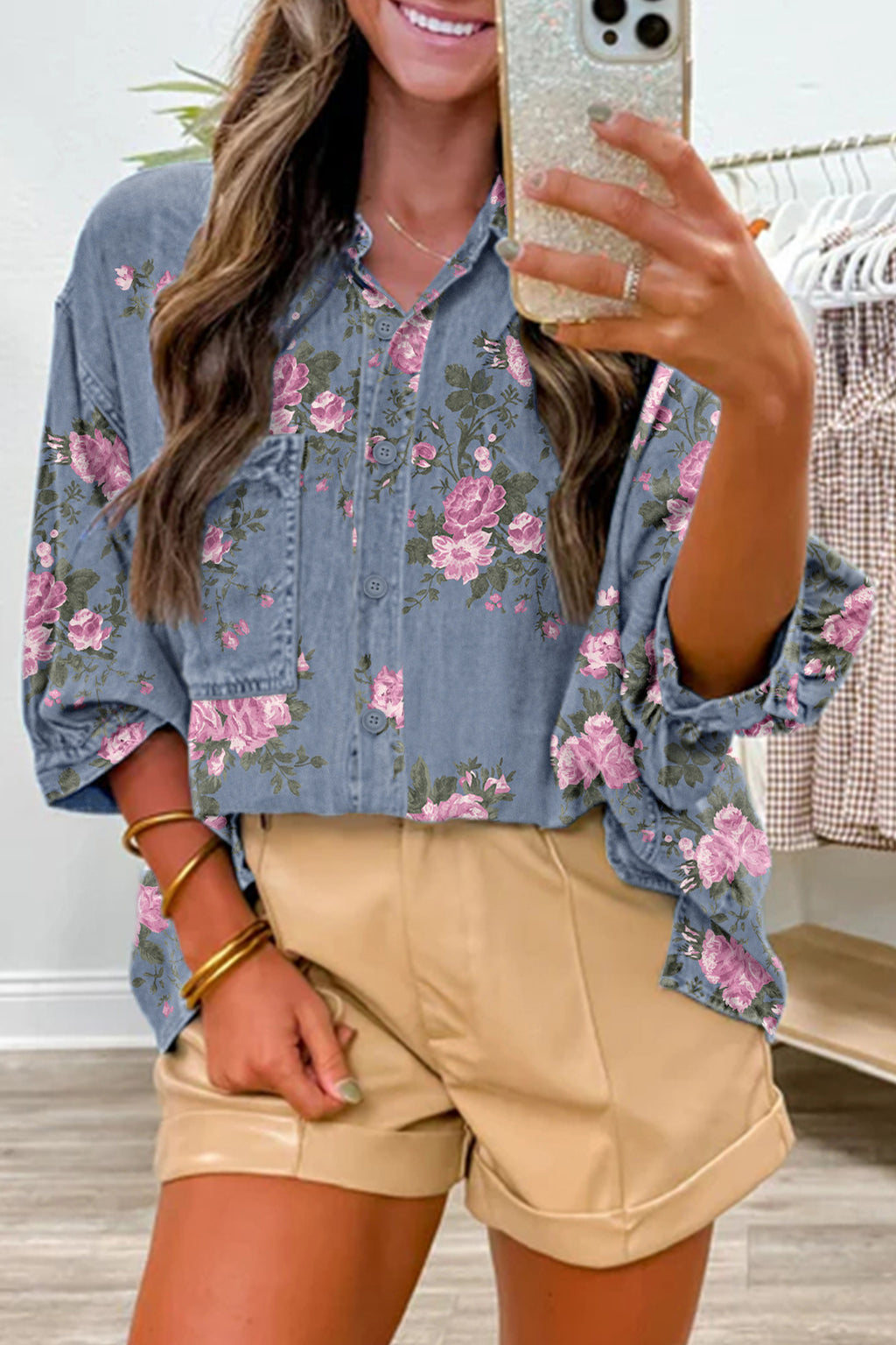 Blue Bracelet Sleeve Denim Floral Print Shirt
