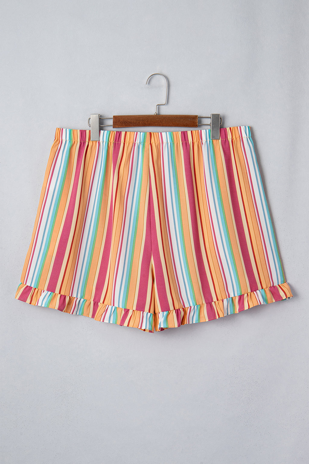 Plus Size Orange Stripe Ruffle Hem Shorts With Elastic Waste