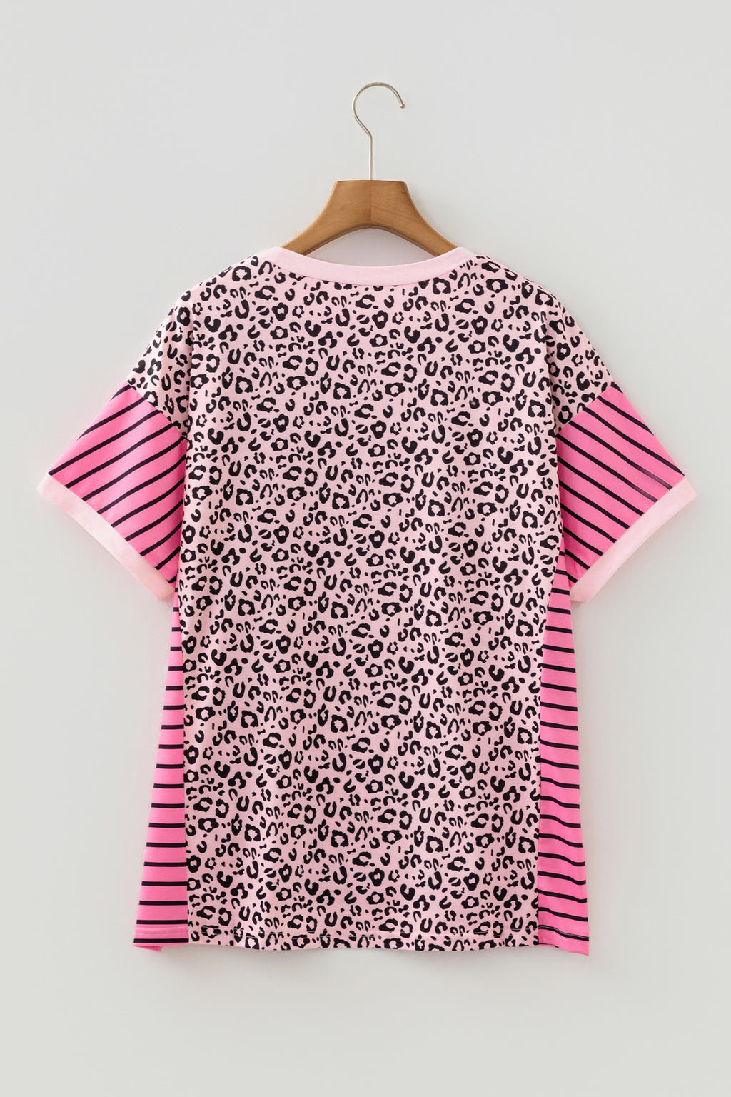 Plus Size Pink Leopard Print & Striped Contrast Patchwork Tee
