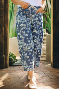 Sky Blue Dainty Floral Print Drawstring Barrel Jeans