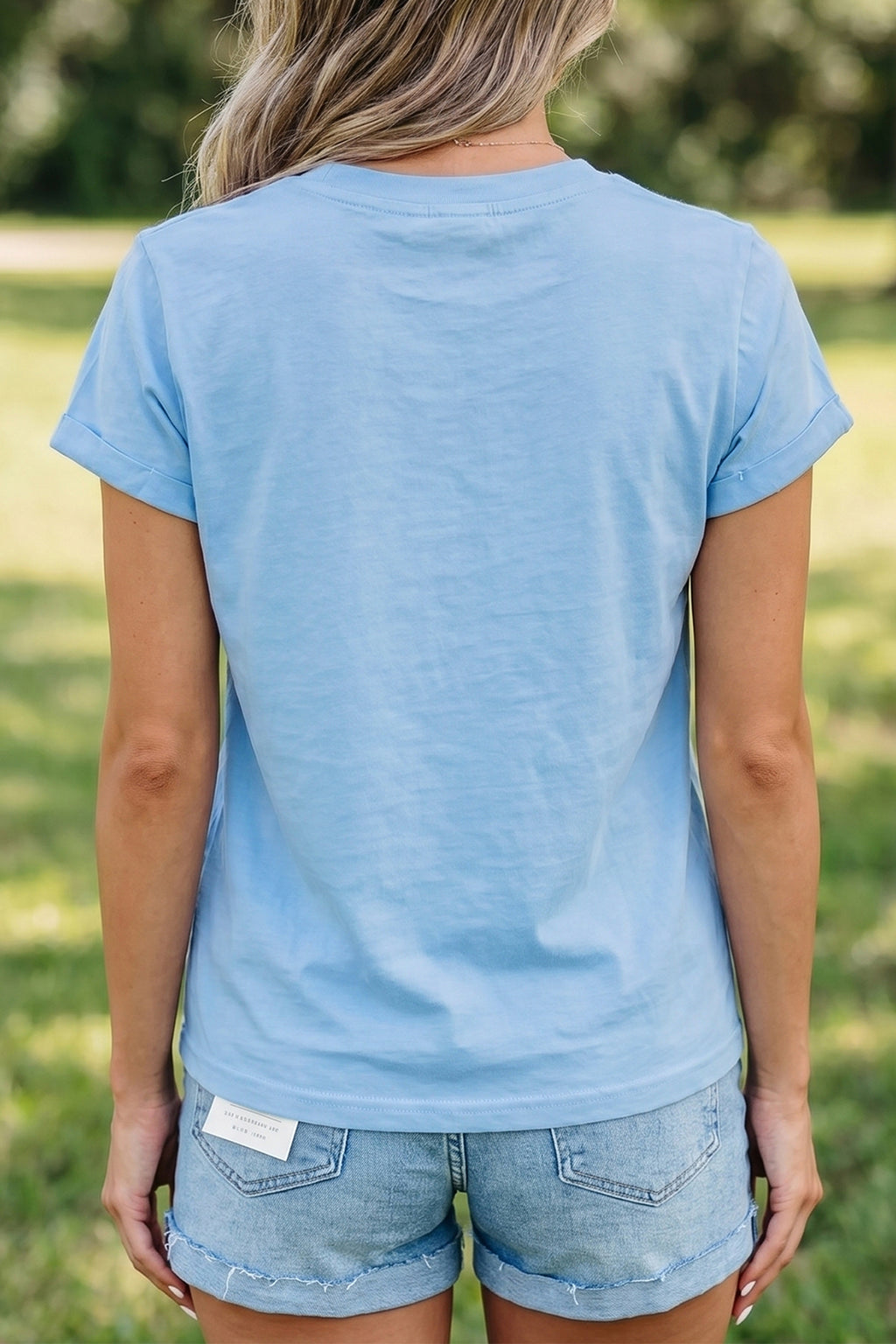 Mist Blue USA Flag Tee With Textured Patchwork Cap Sleeves