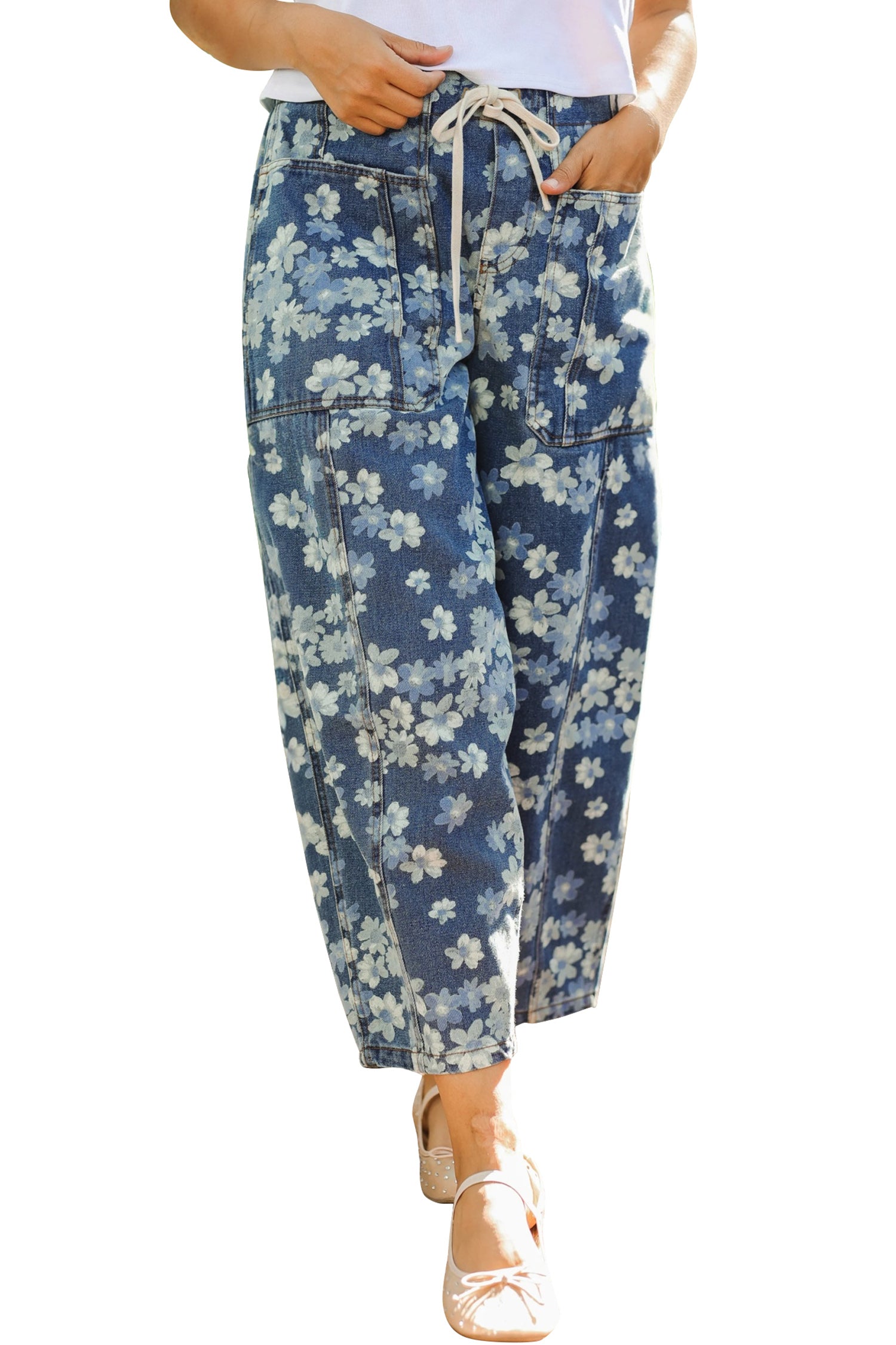 Sky Blue Dainty Floral Print Drawstring Barrel Jeans