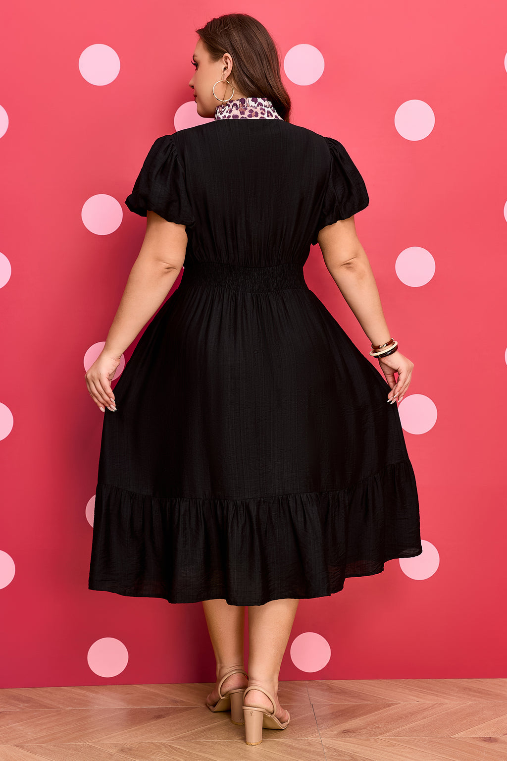 Plus Size Black Leopard V Neck Smocked Waist Ruffled Dress