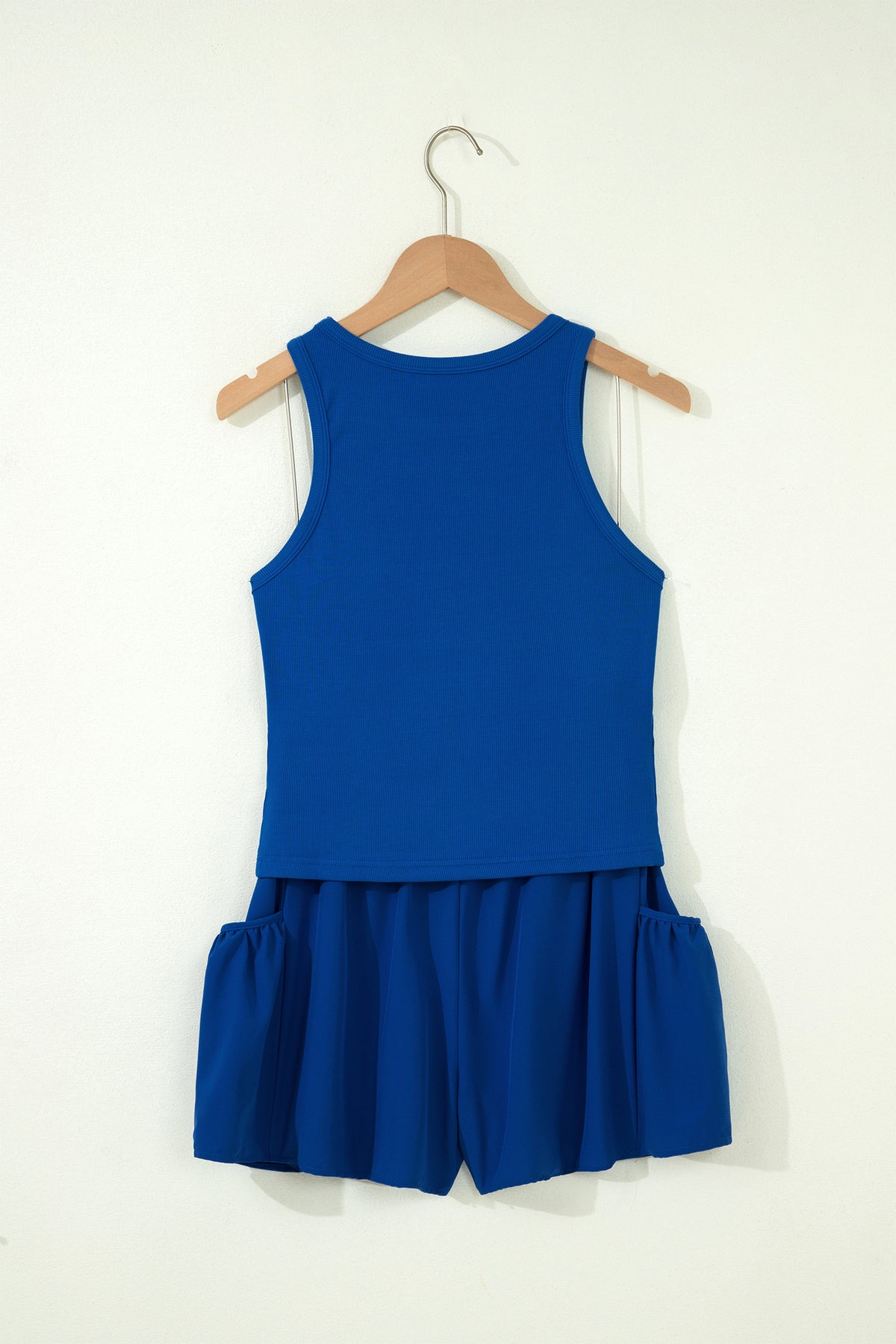 Dark Blue Ribbed Slim Tank & Pocketed Wide Leg Shorts 2pc Set