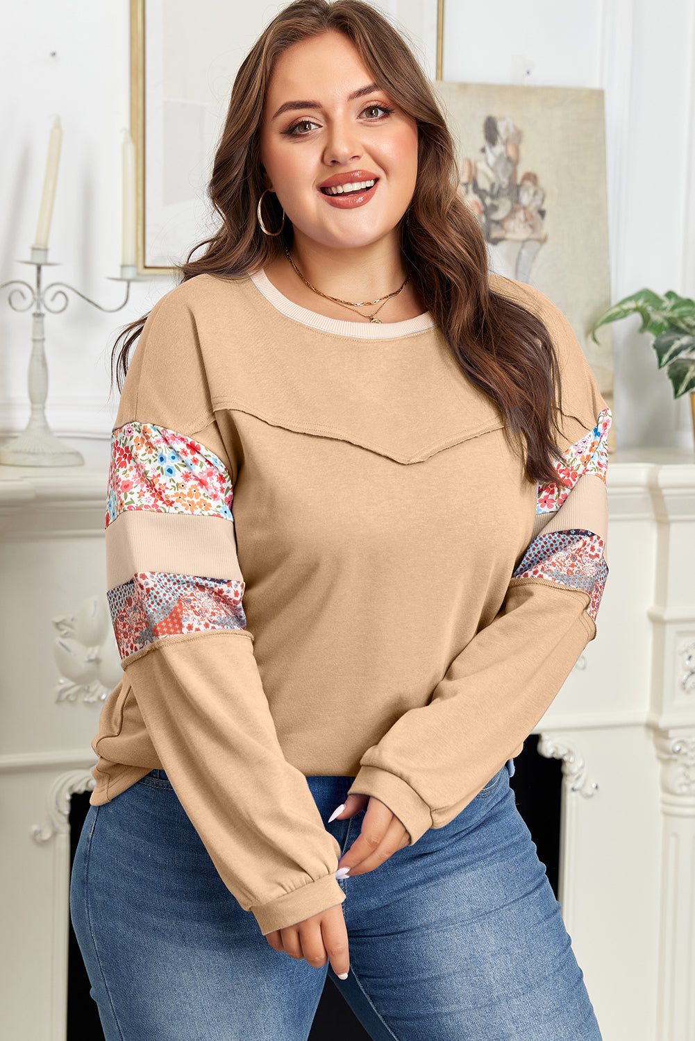 Plus Size Khaki Exposed Seam Relaxed Top With Floral Mixed Patchwork Sleeves