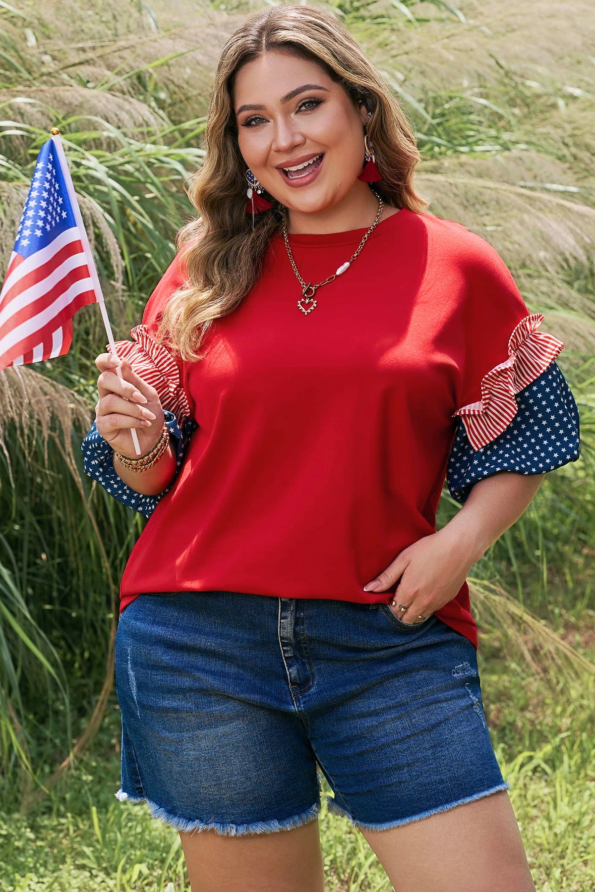 Plus Size Fiery Red Striped Ruffles Star Short Bubble Sleeve Patchwork Top
