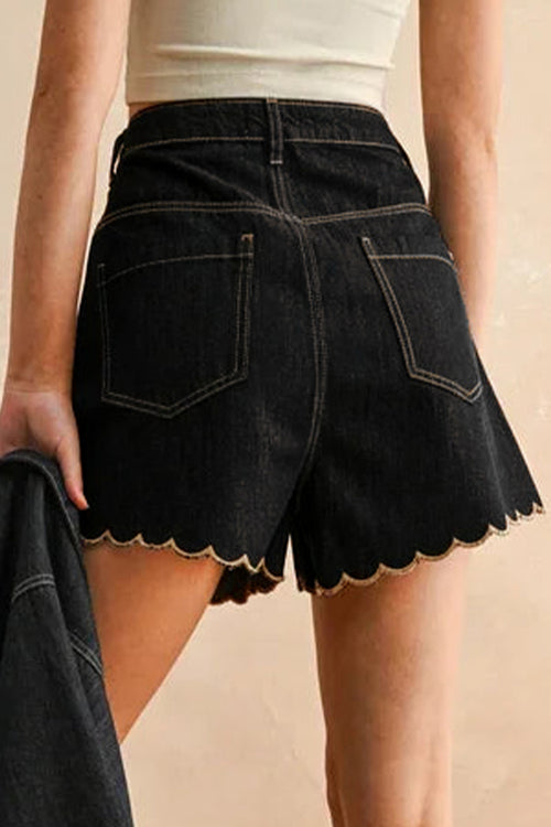 Black Relaxed Denim Shorts With Embroidered & Scalloped Trim
