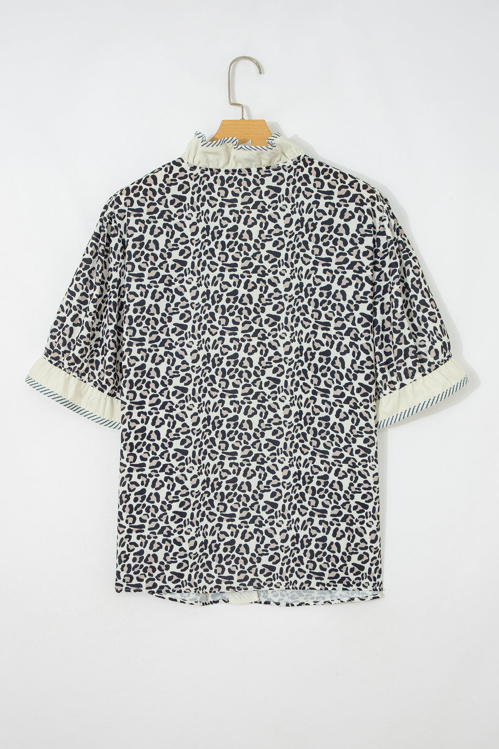 Plus Size Black Frilled V-Neck Short Sleeve Blouse With Leopard Print & Striped Color Block Trim