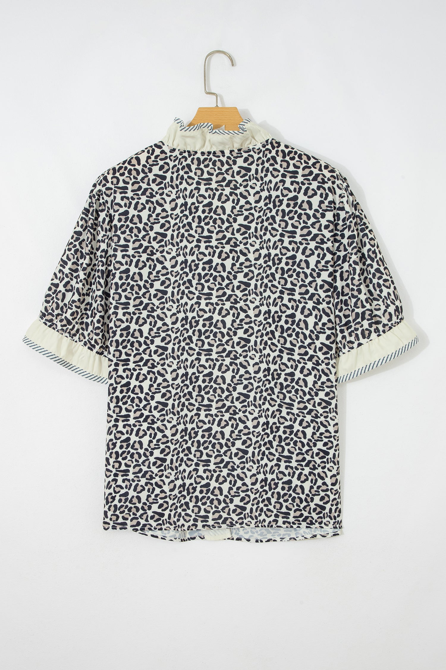Plus Size Black Frilled V-Neck Short Sleeve Blouse With Leopard Print & Striped Color Block Trim