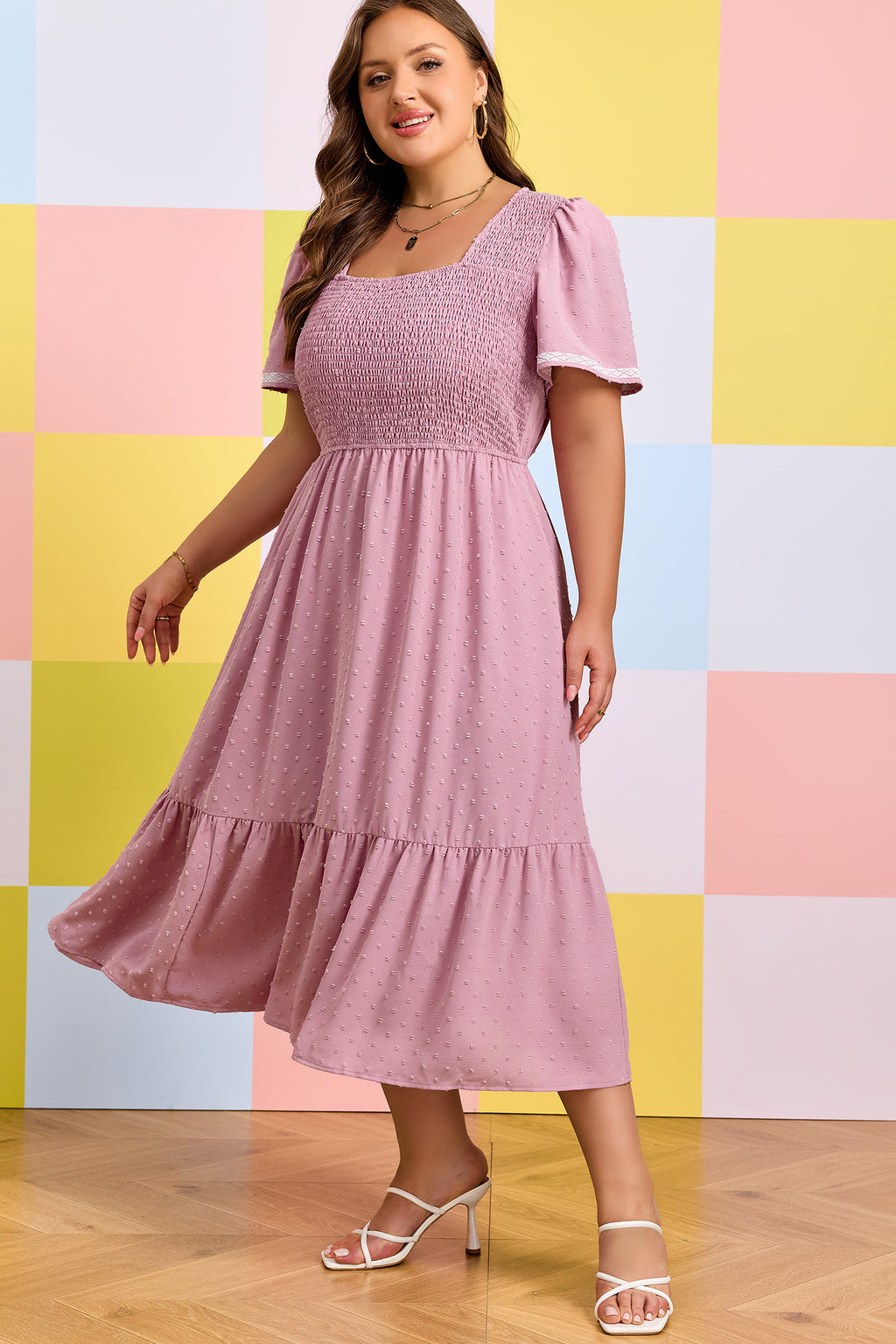 Plus Size Pink Swiss Dot Flowy Midi Dress With Short Sleeves & Smocked High Waist