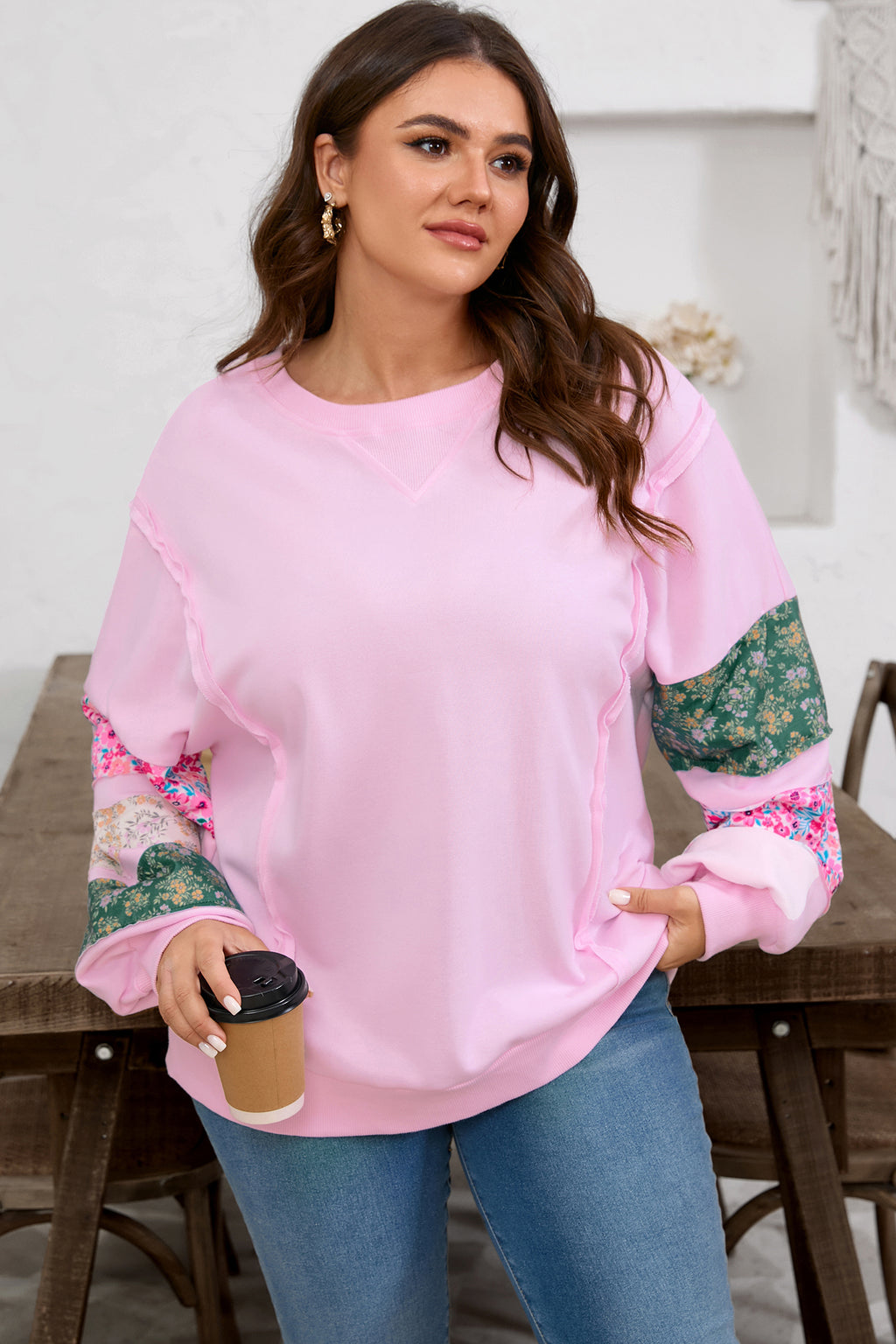 Plus Size Pink Floral Patched Sleeve Baggy Sweatshirt With Ribbed Trim