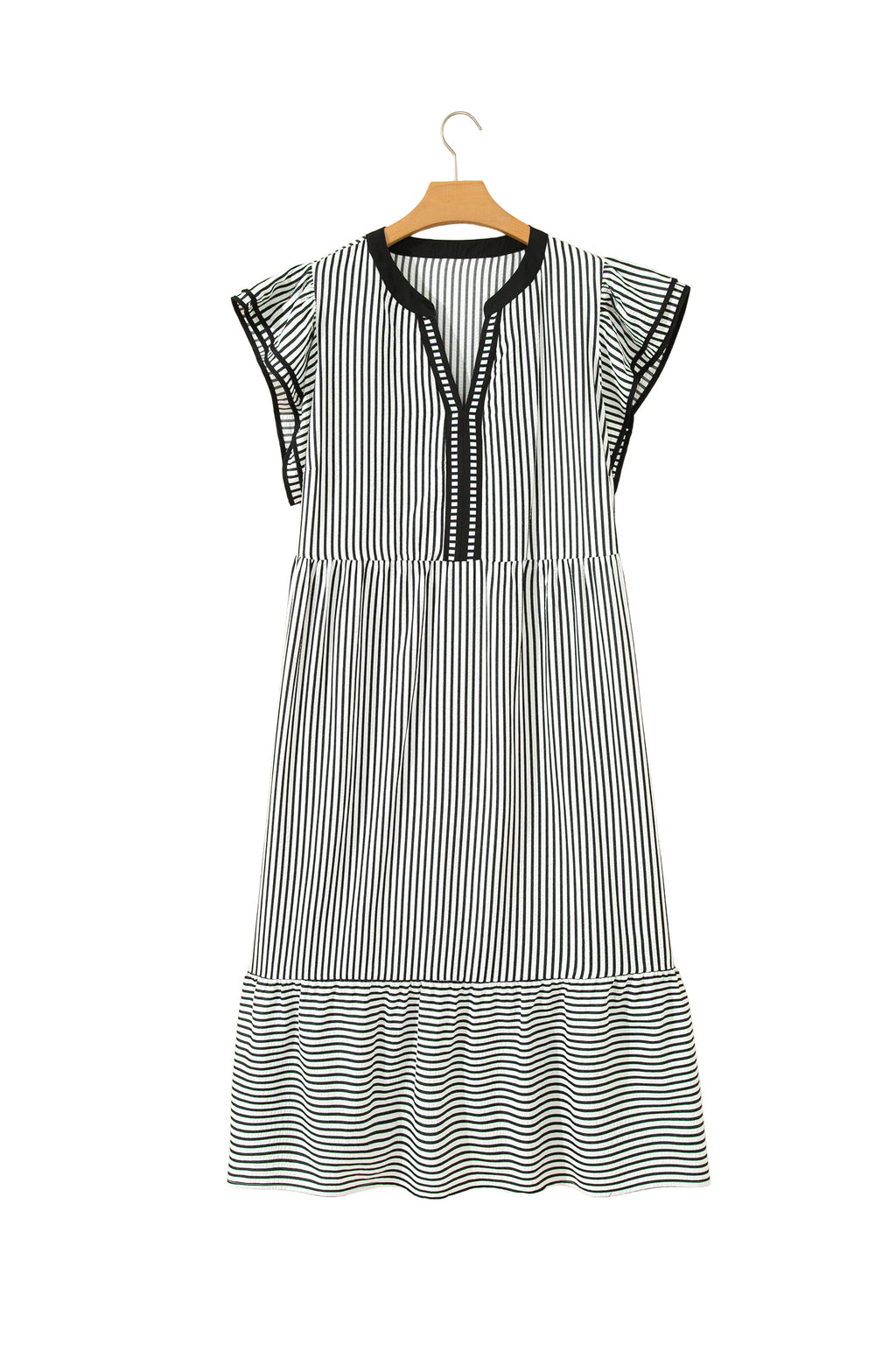 Plus Size Black Stripe Slit V-Neck Tiered Maxi Dress With Flutter Sleeves