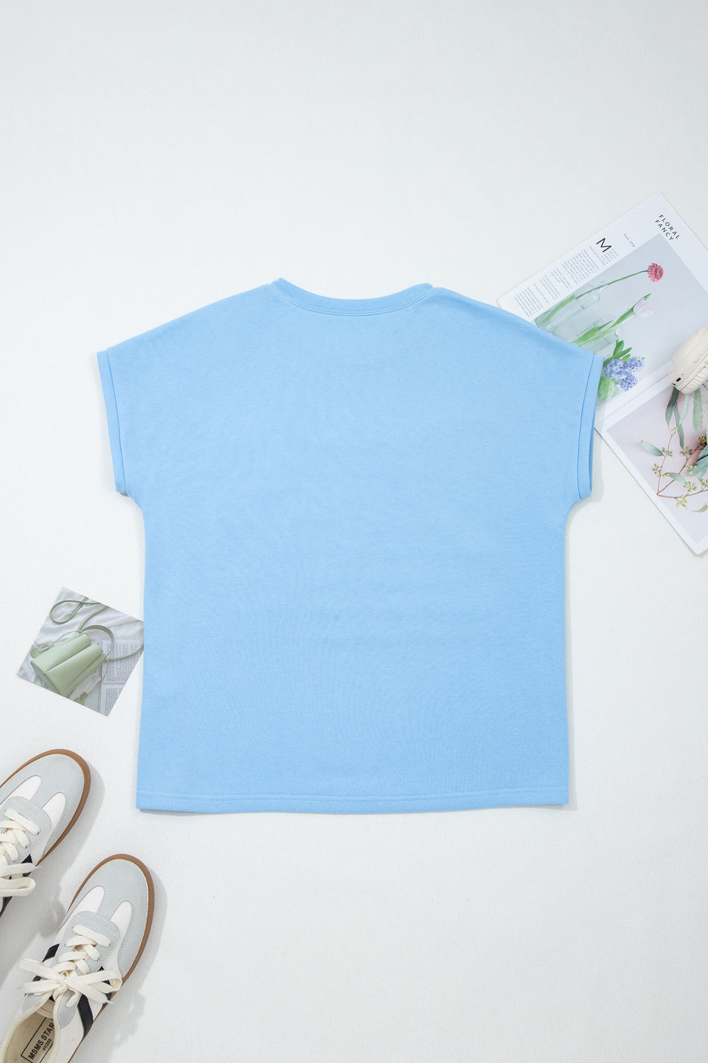Mist Blue USA Flag Tee With Textured Patchwork Cap Sleeves