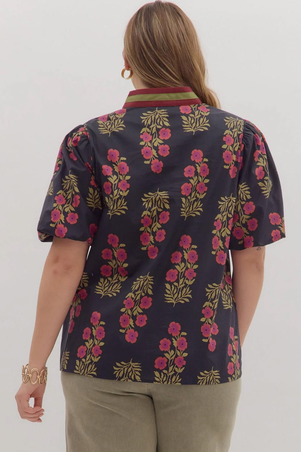 Plus Size Black Short Sleeve Cotton Blouse With Floral Print Ricrac Striped Trim