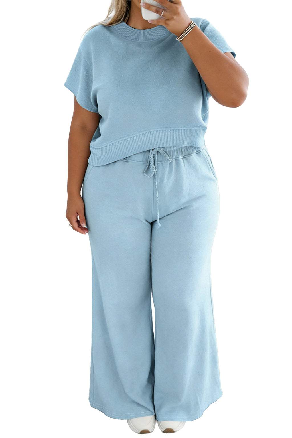 Plus Size Mist Blue Ribbed Trim Short Sleeve Top & Drawstring Pants 2pcs Outfit