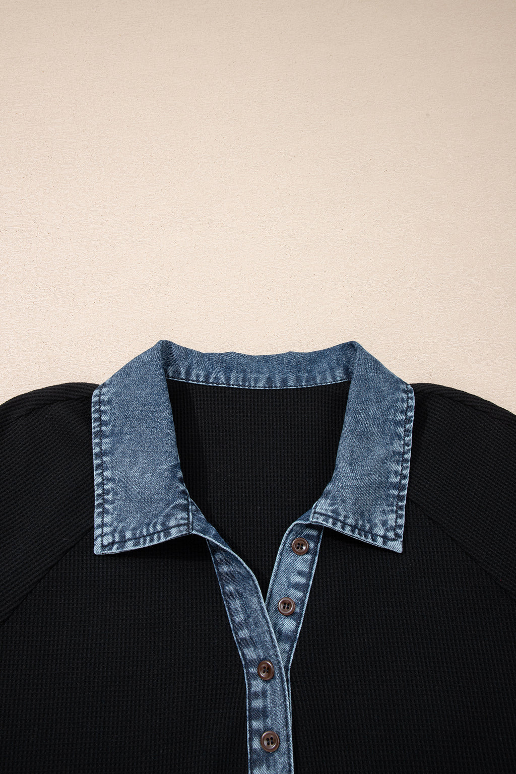 Plus Size Black & Denim Patchwork Button Polo Tee