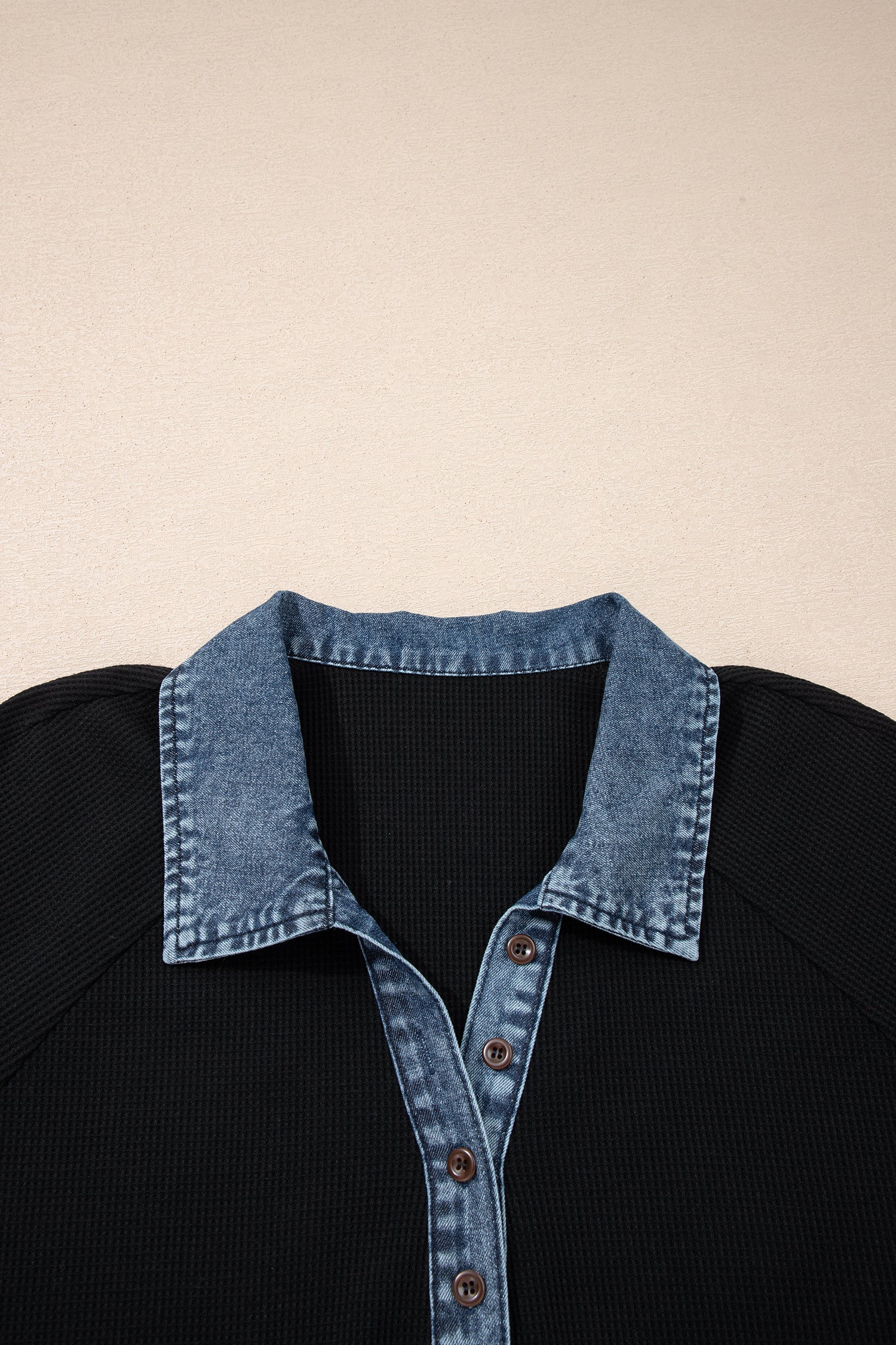 Plus Size Black & Denim Patchwork Button Polo Tee