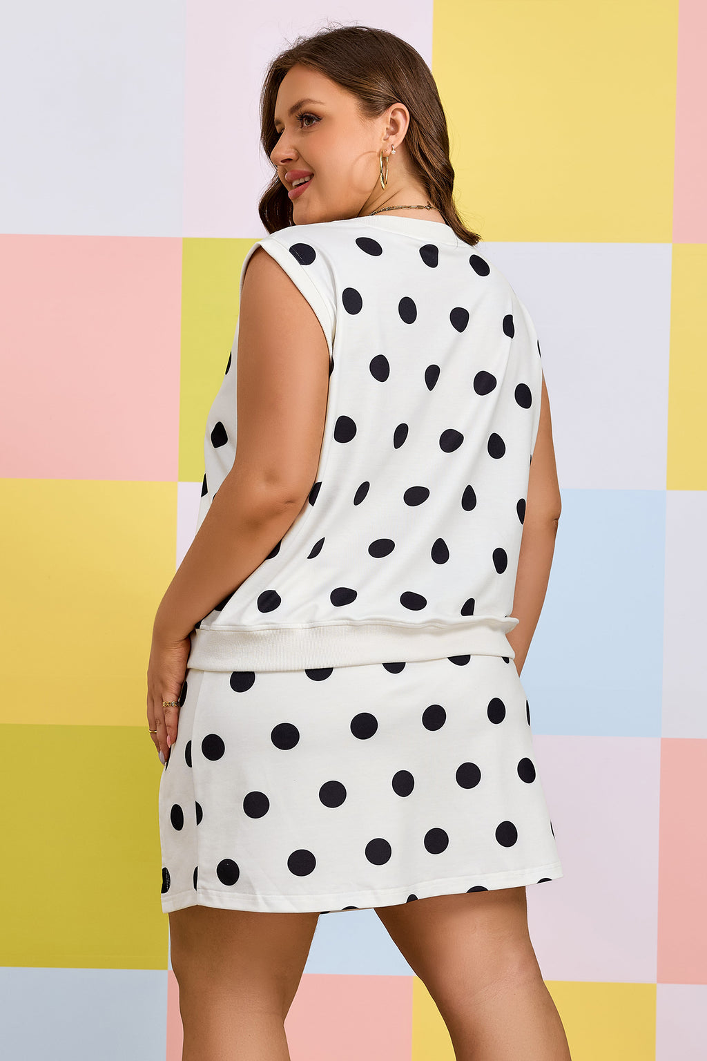 Plus Size White 2 pc Outfit With Black Polka Dot Printed Tank & Split Skort