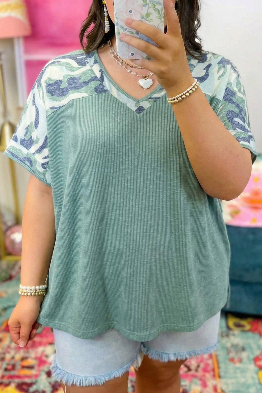 Plus Size Mist Green Ribbed With Camouflage Patchwork V-Neck Tee