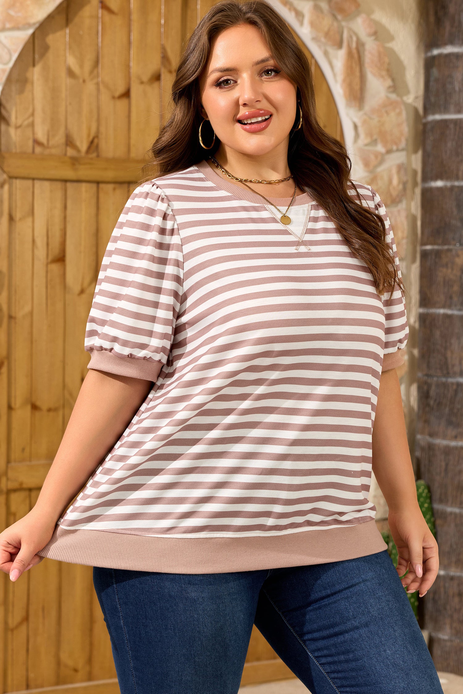 Plus Size Orange Stripe Ribbed Trim Round Neck Short Puff Sleeve Tee