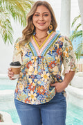 Plus Size Multicolor Floral Print Woven V-Neck Blouse With Half Sleeve