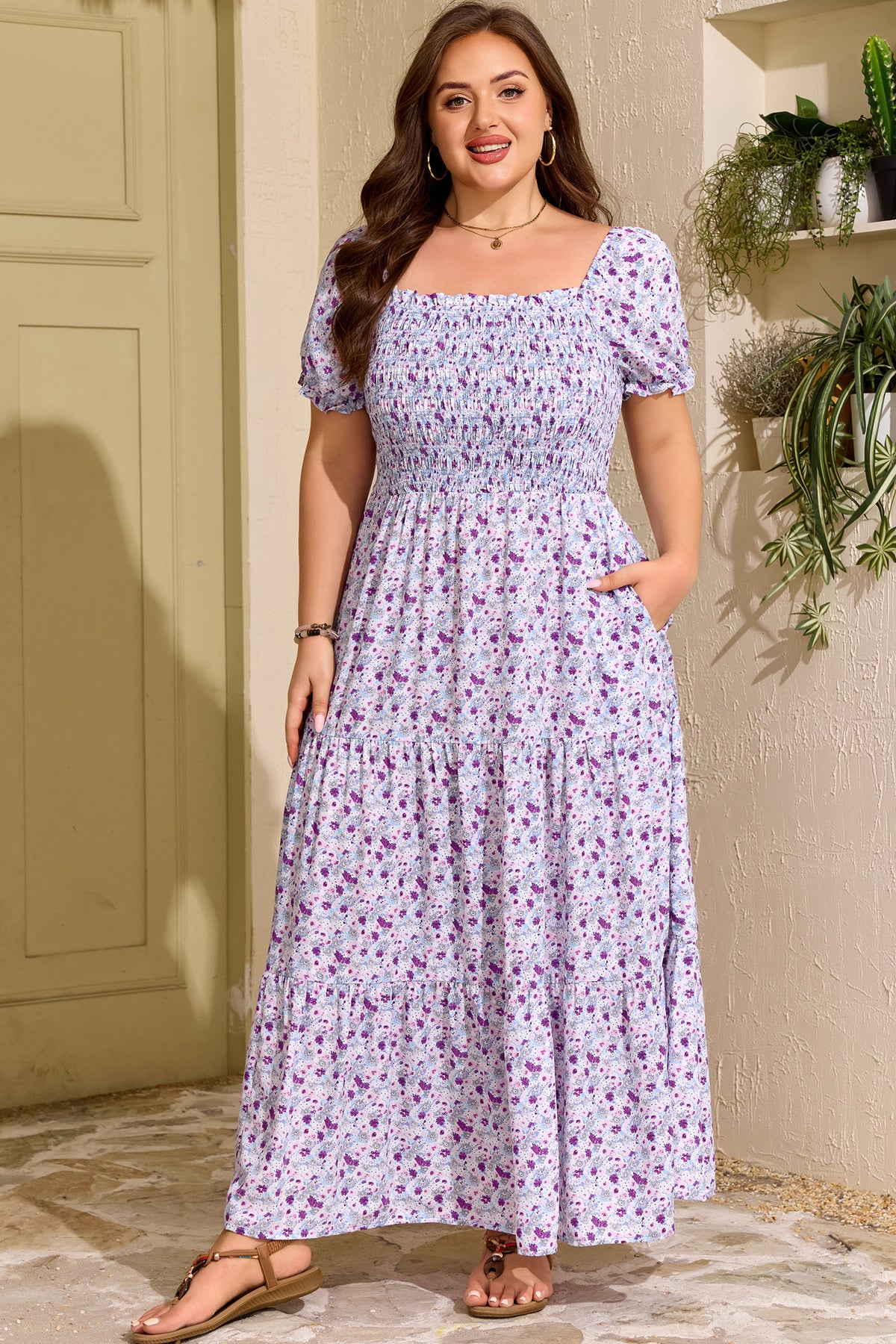 Plus Size Purple Floral Print Smocked Maxi Dress With Square Neck