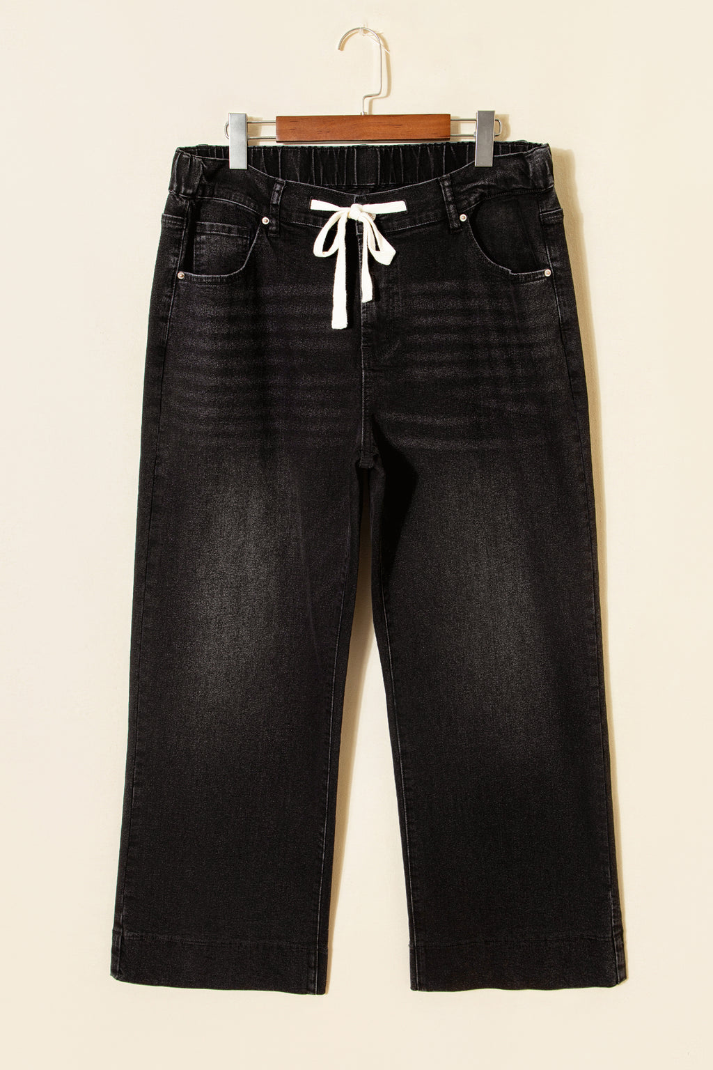 Plus Size Black Acid Wash Jeans With Drawstring