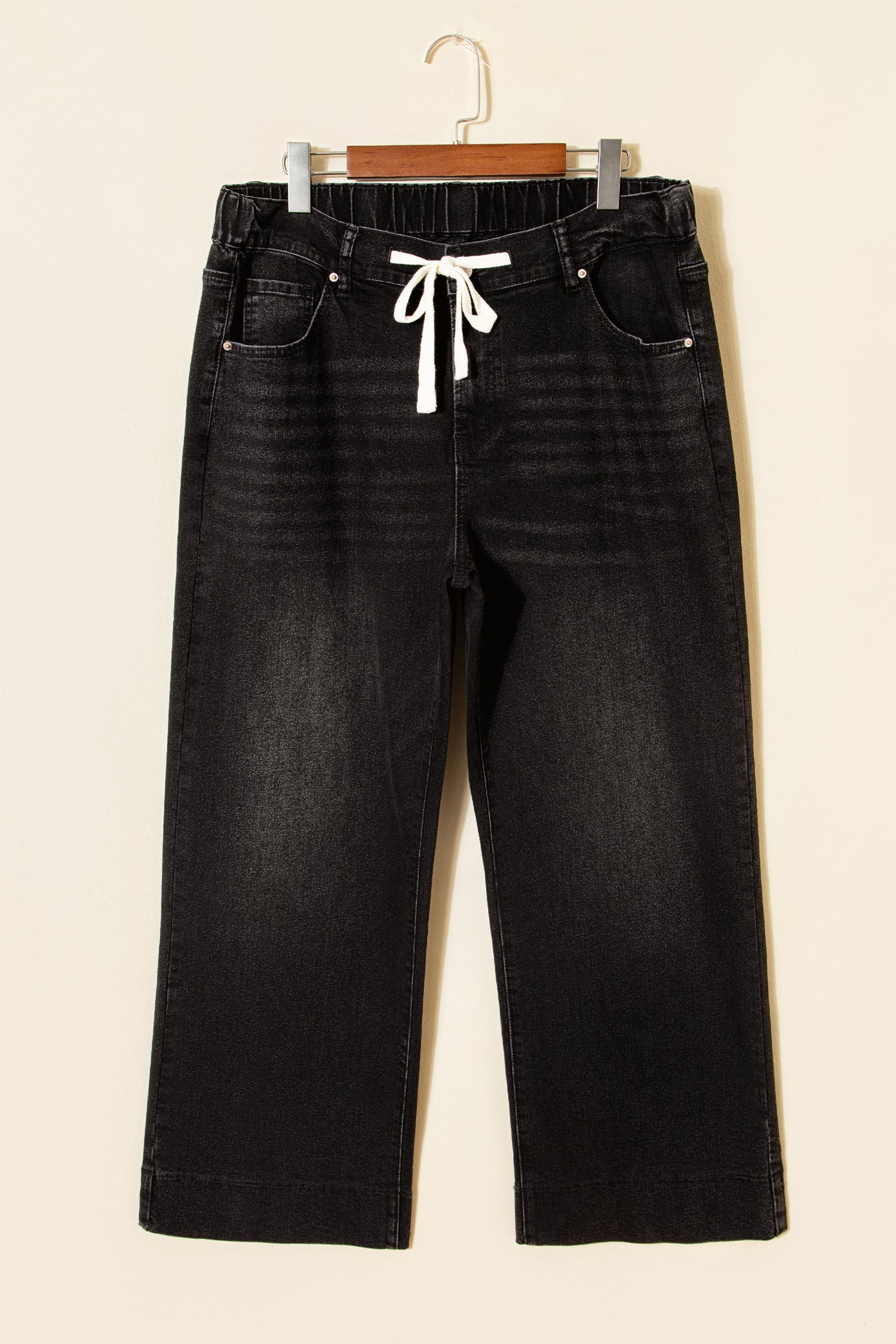 Plus Size Black Acid Wash Jeans With Drawstring