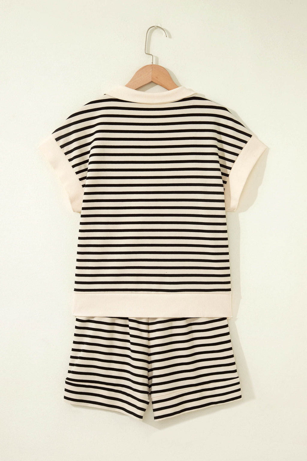 Black Stripe Ribbed With Color Block Trim Zip Polo Tee & Drawstring Shorts 2pcs Outfit