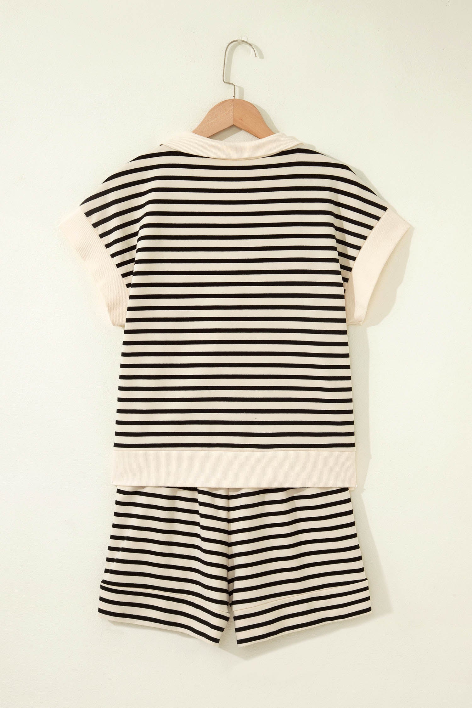 Black Stripe Ribbed With Color Block Trim Zip Polo Tee & Drawstring Shorts 2pcs Outfit