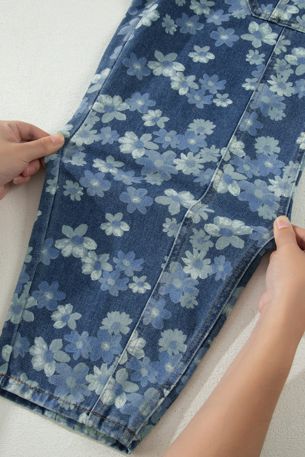 Sky Blue Dainty Floral Print Drawstring Barrel Jeans
