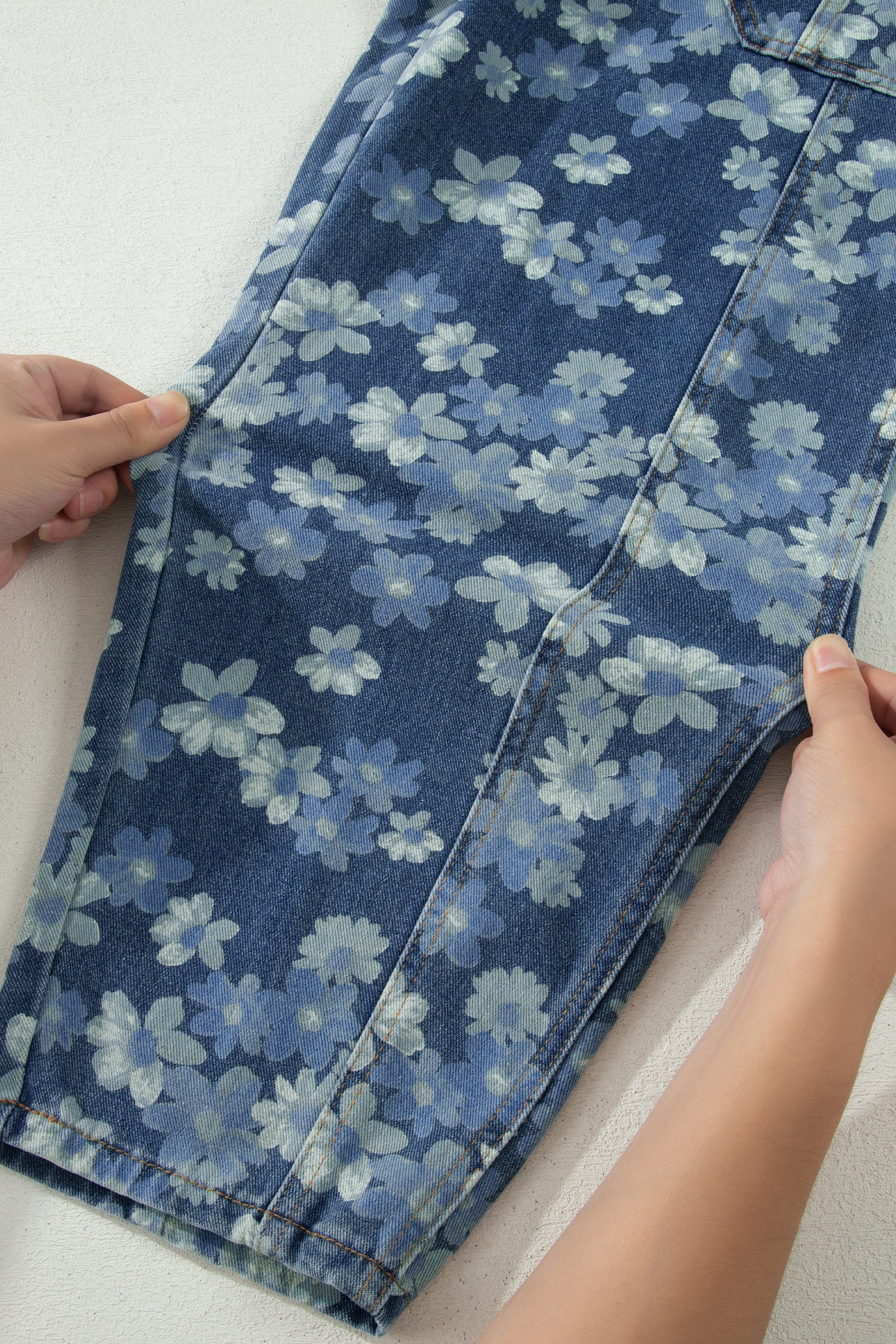 Sky Blue Dainty Floral Print Drawstring Barrel Jeans