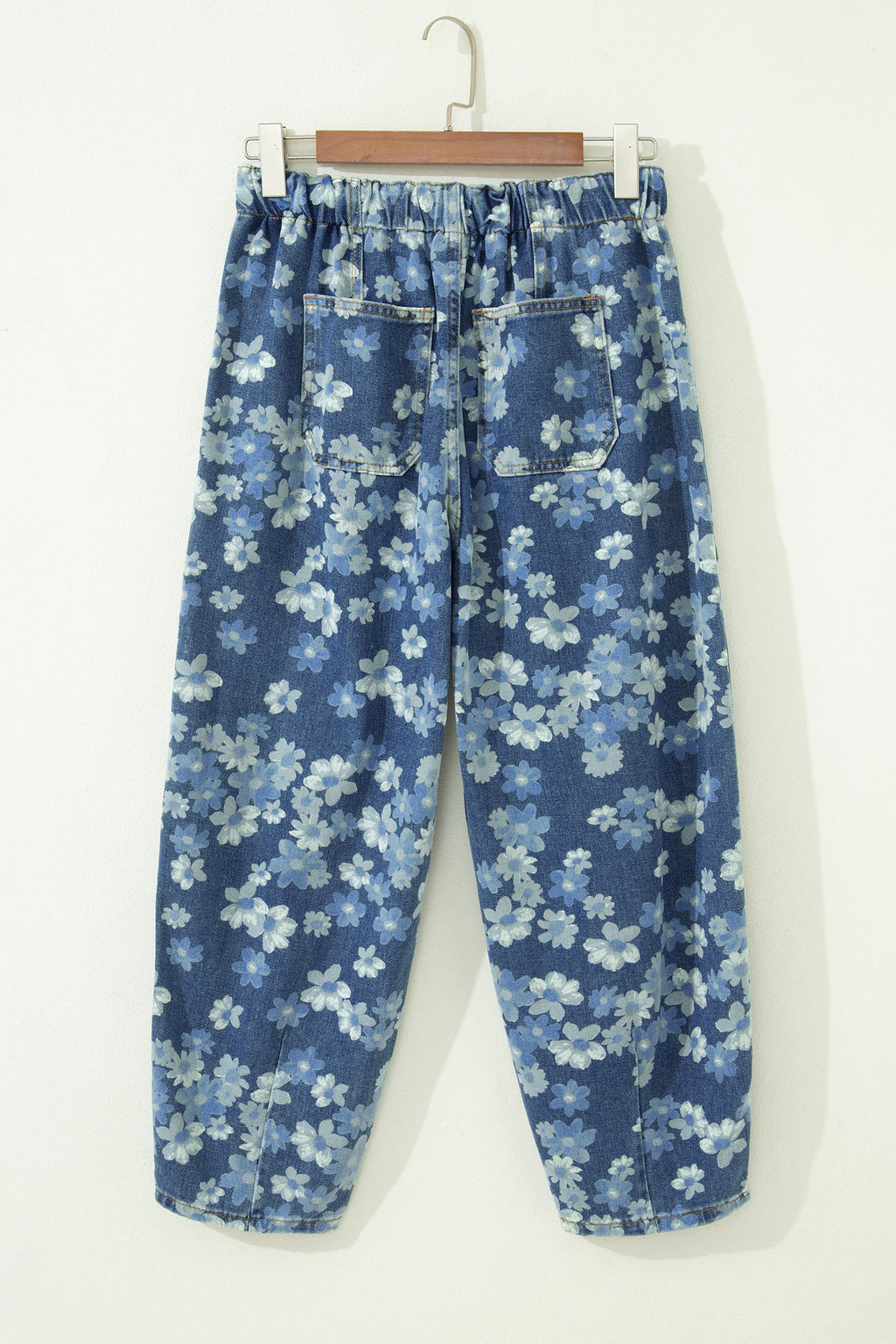 Sky Blue Dainty Floral Print Drawstring Barrel Jeans