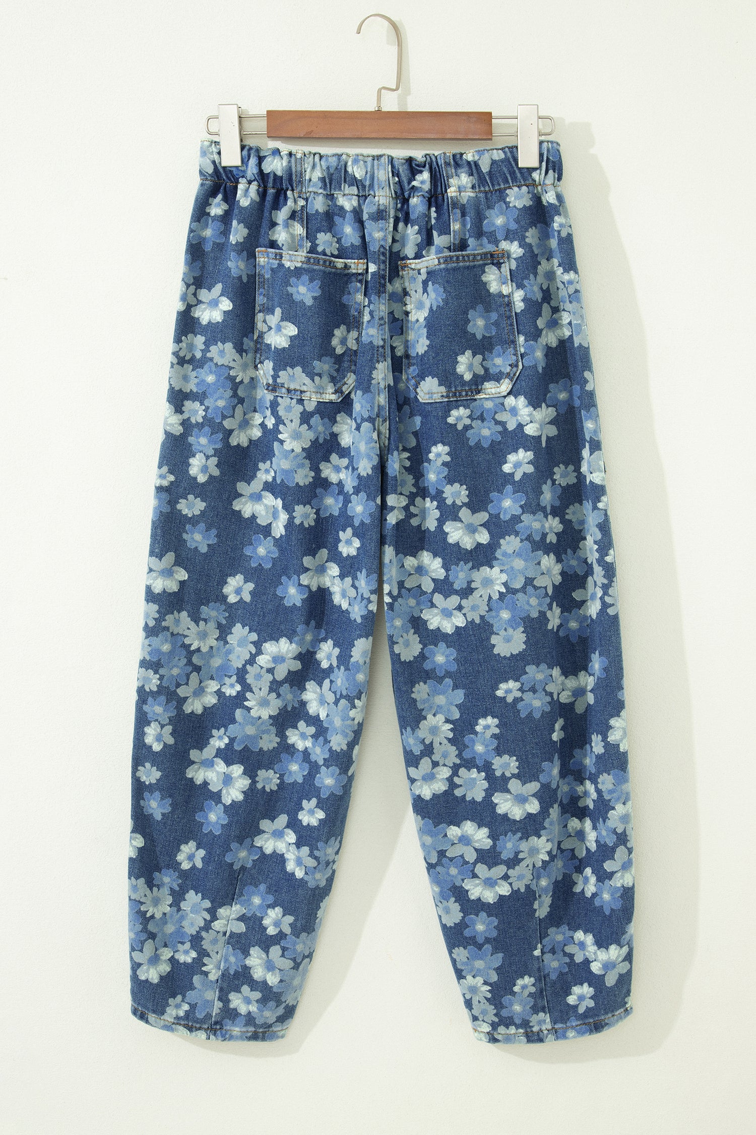 Sky Blue Dainty Floral Print Drawstring Barrel Jeans
