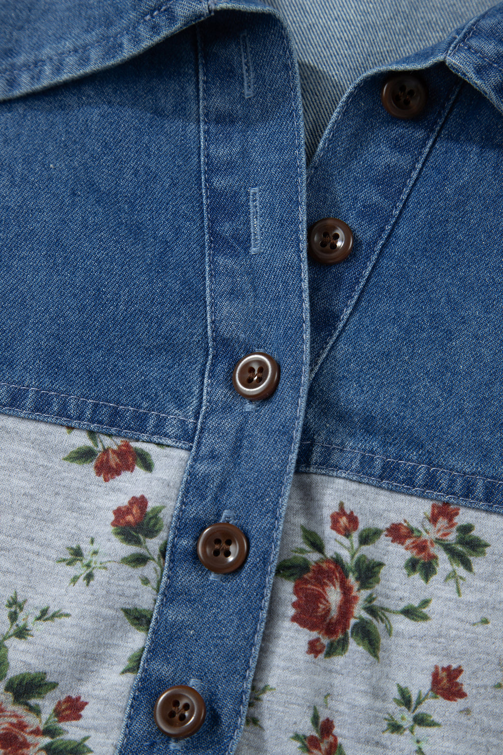 Plus size Gray Retro Floral Print & Denim Patchwork Polo Tee