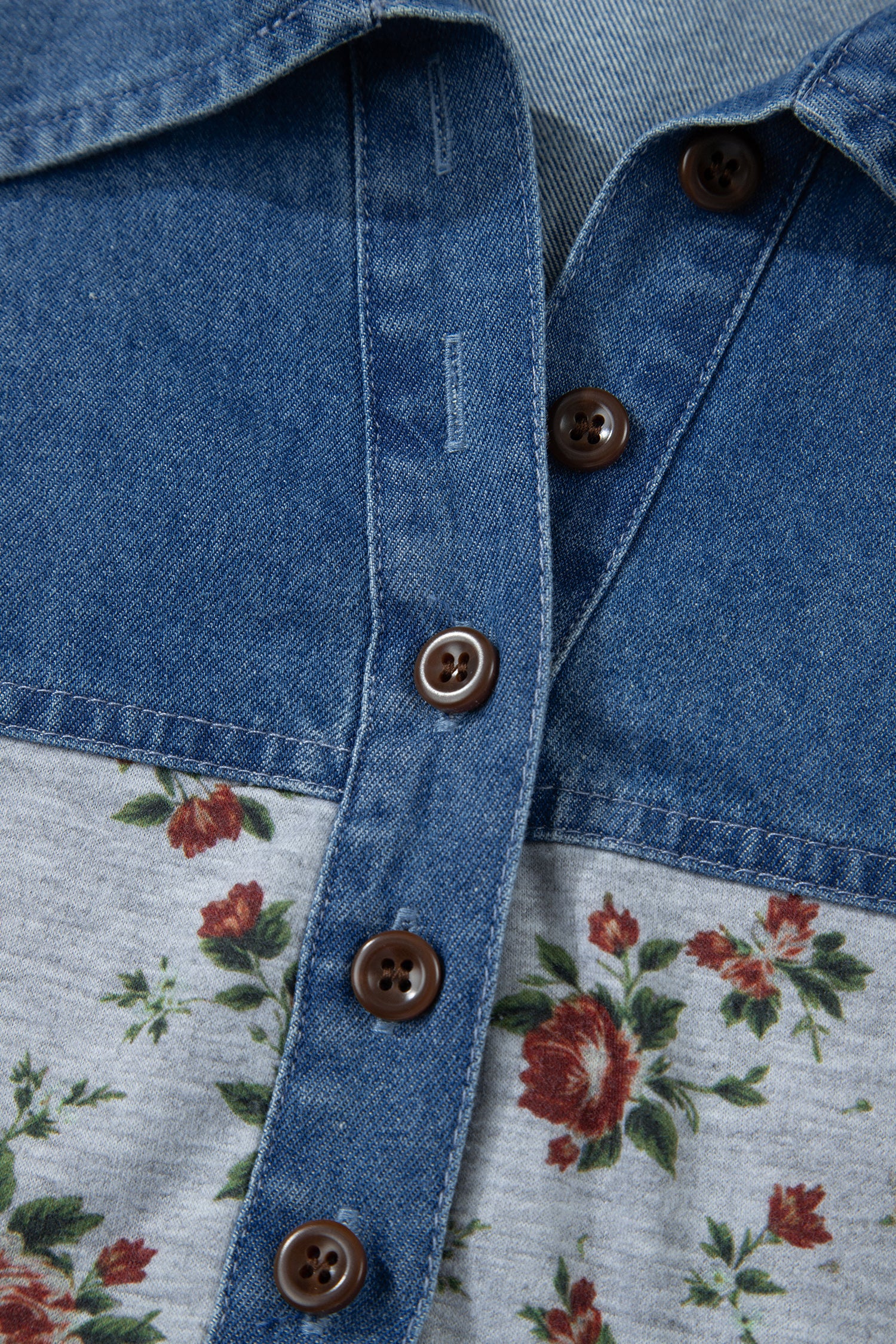 Plus size Gray Retro Floral Print & Denim Patchwork Polo Tee