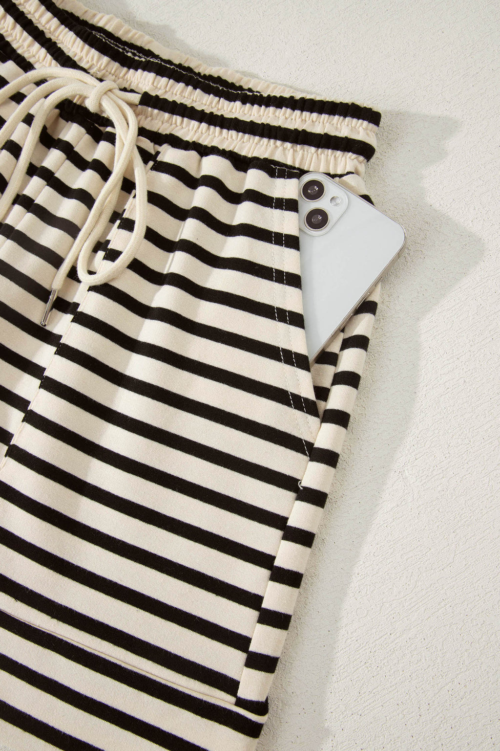 Black Stripe Ribbed With Color Block Trim Zip Polo Tee & Drawstring Shorts 2pcs Outfit