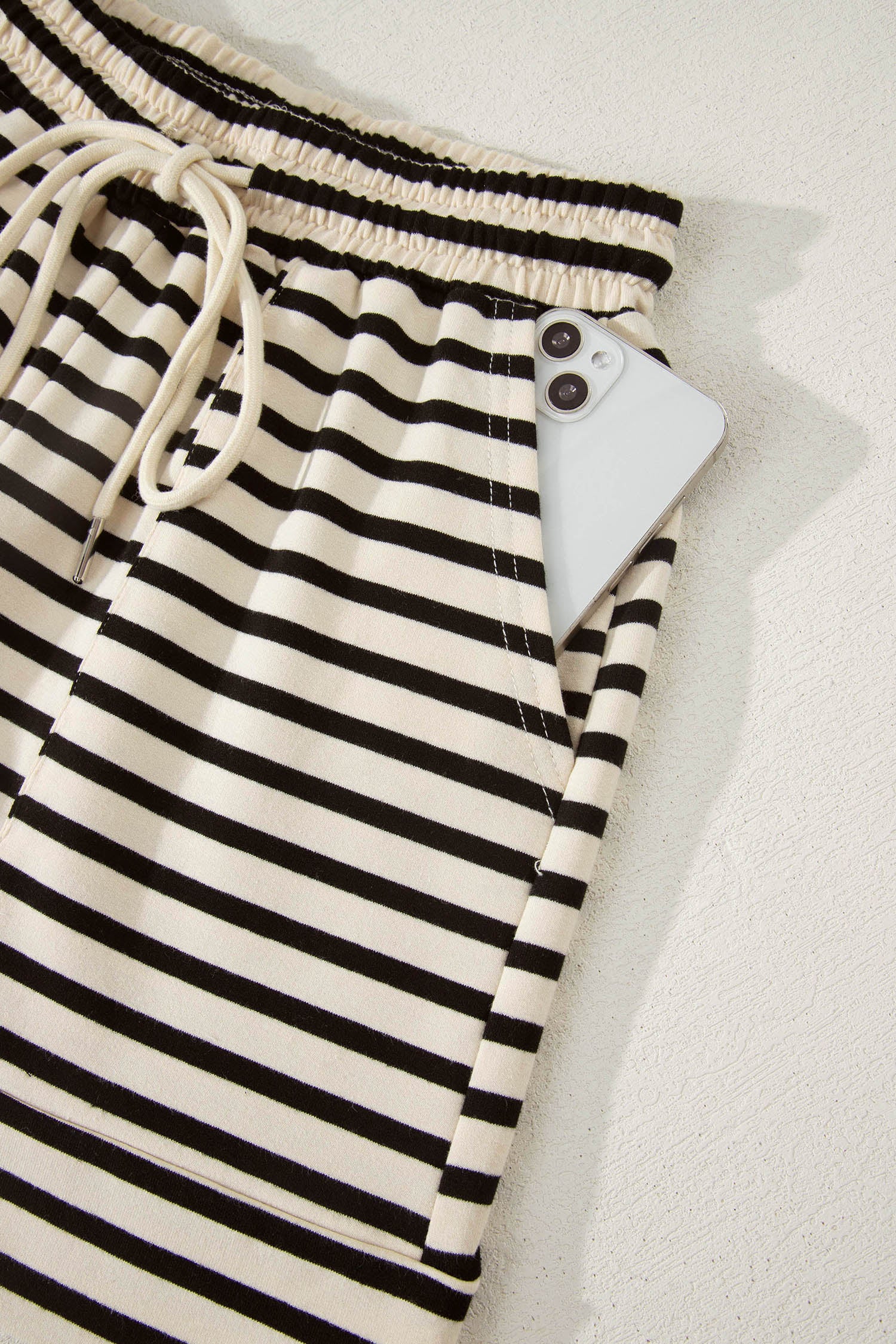 Black Stripe Ribbed With Color Block Trim Zip Polo Tee & Drawstring Shorts 2pcs Outfit