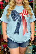 Plus Size Blue Patriotic Patchwork Bow Graphic Tee