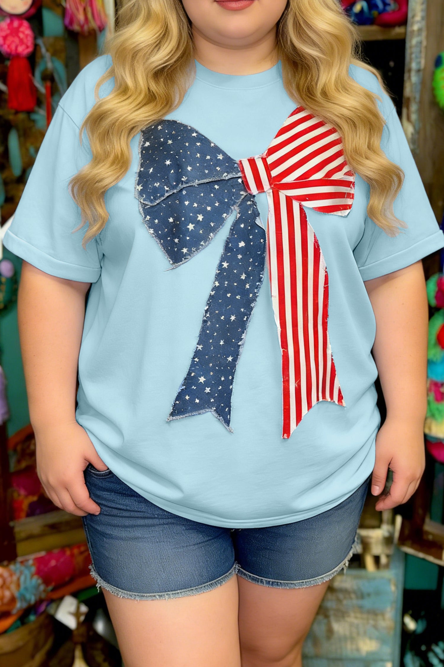 Plus Size Blue Patriotic Patchwork Bow Graphic Tee