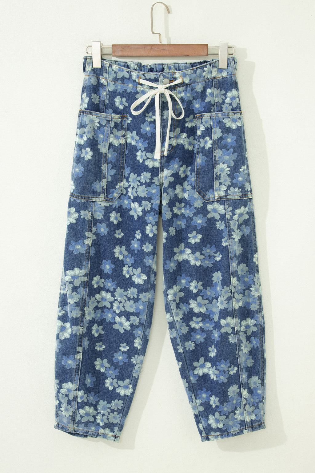 Sky Blue Dainty Floral Print Drawstring Barrel Jeans