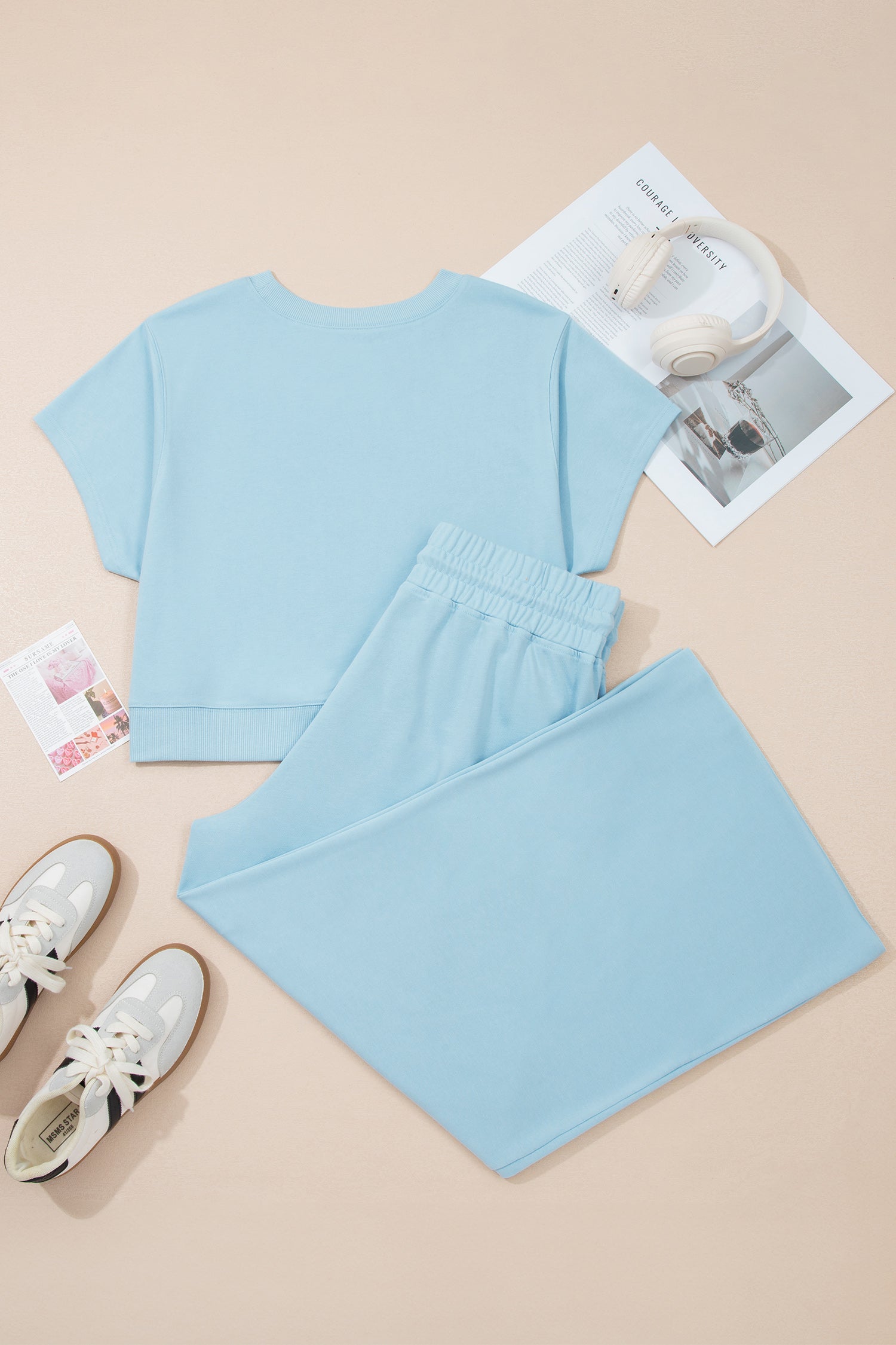 Plus Size Mist Blue Ribbed Trim Short Sleeve Top & Drawstring Pants 2pcs Outfit