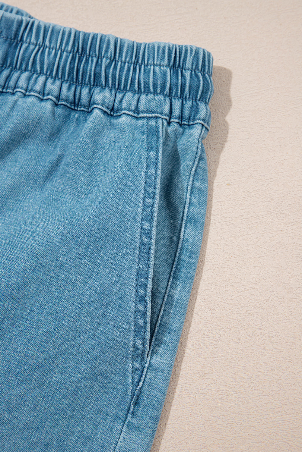 Beau Blue Elastic Waistband Denim Shorts With Drawstring