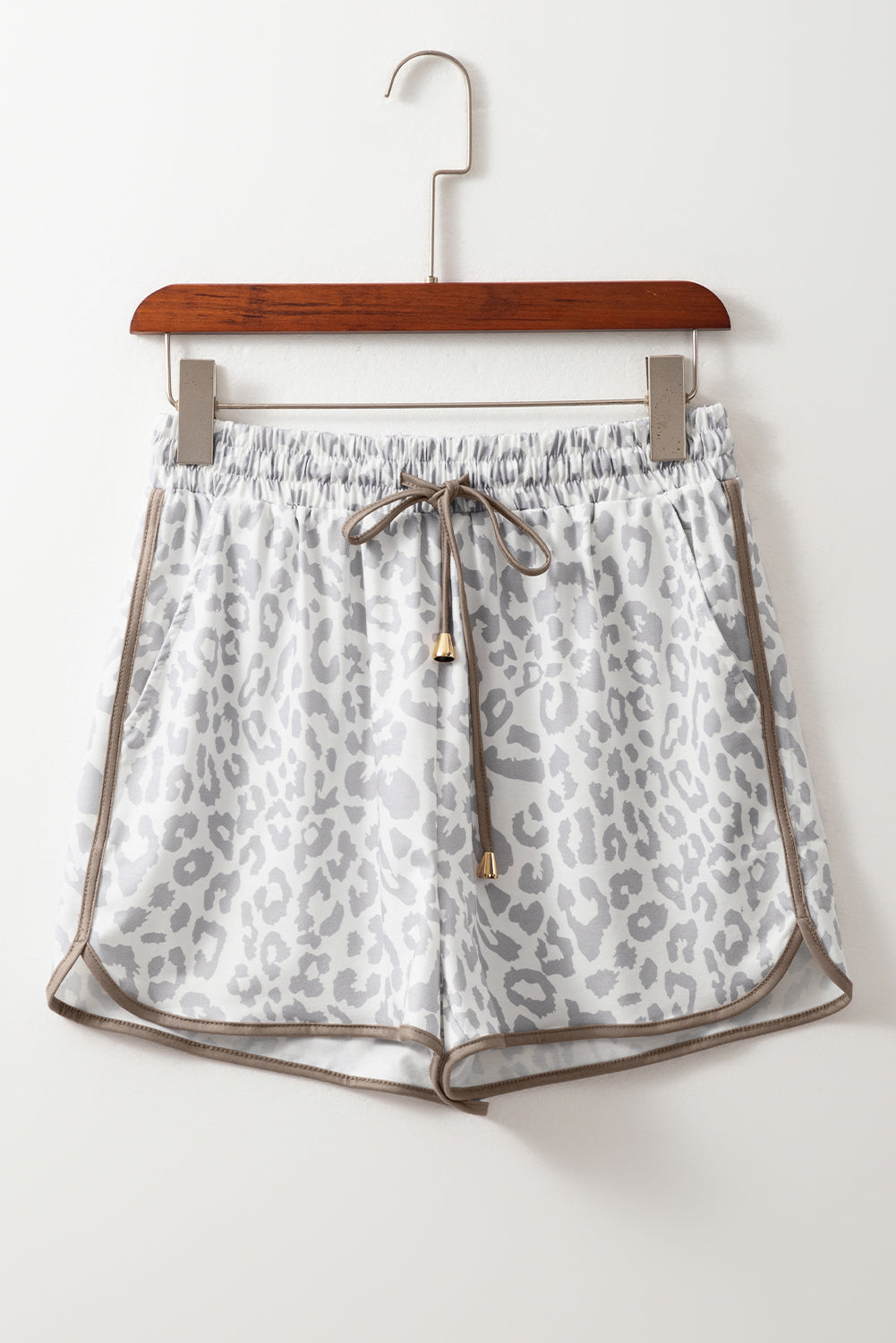 White Leopard Print With Contrast Trim & Elastic Waistband Casual Shorts