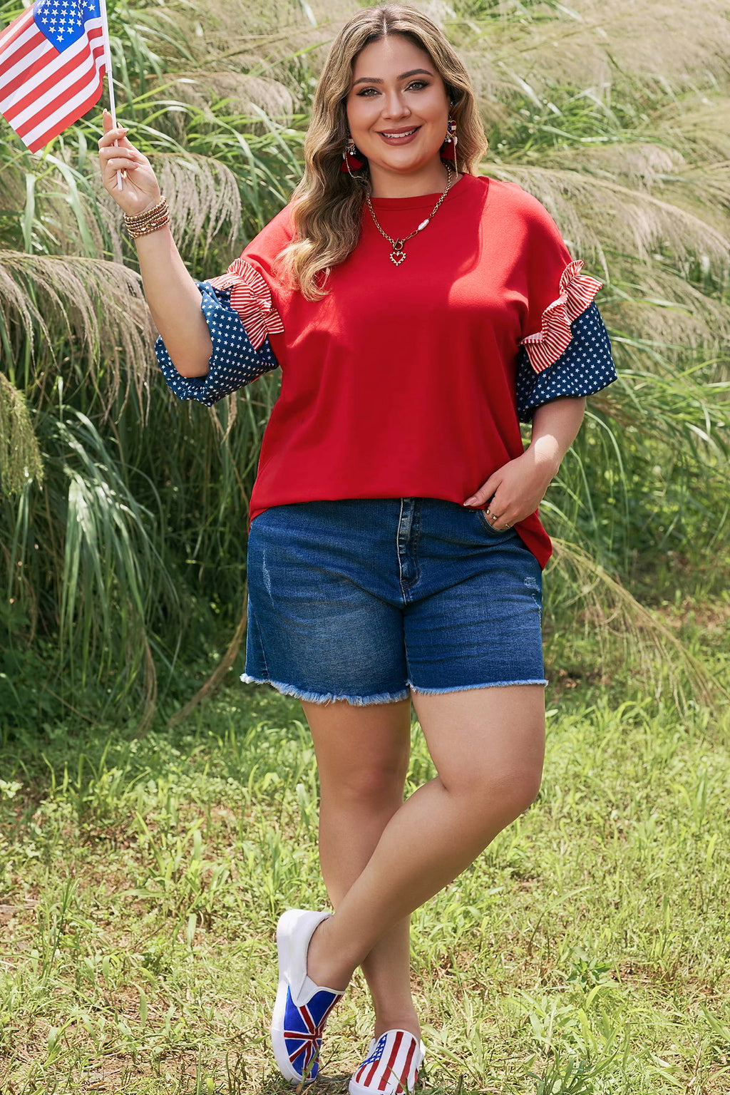 Plus Size Fiery Red Striped Ruffles Star Short Bubble Sleeve Patchwork Top