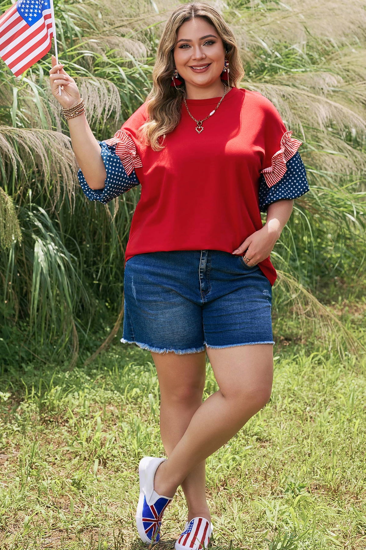 Plus Size Fiery Red Striped Ruffles Star Short Bubble Sleeve Patchwork Top